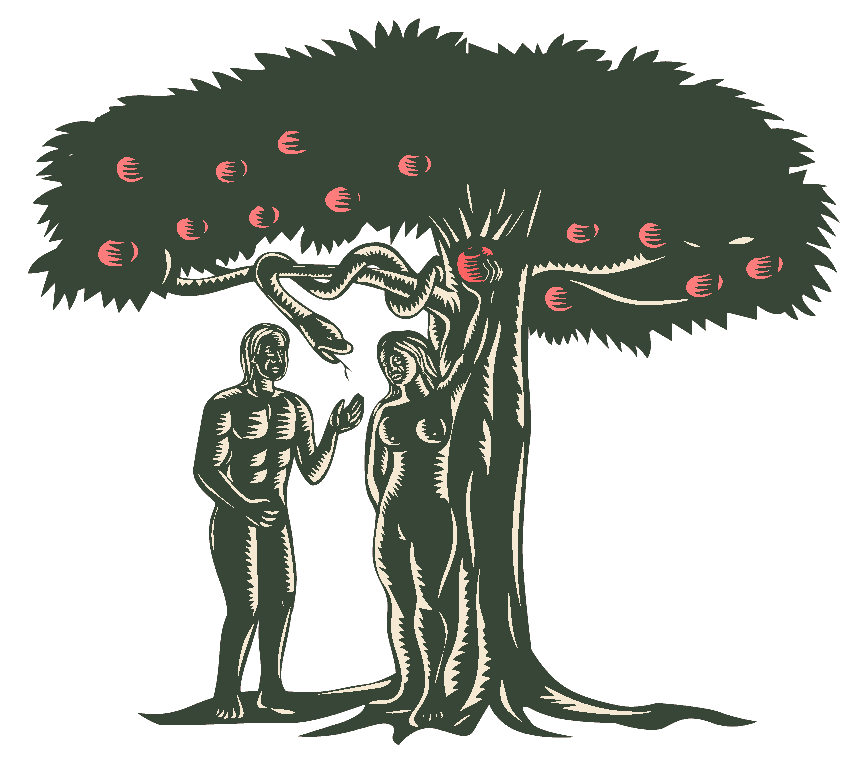Illustration im Holzschnittstil von Adam, Eva und der Schlange Luzifer vor dem Baum der Erkenntnis mit seinen verbotenen Äpfeln