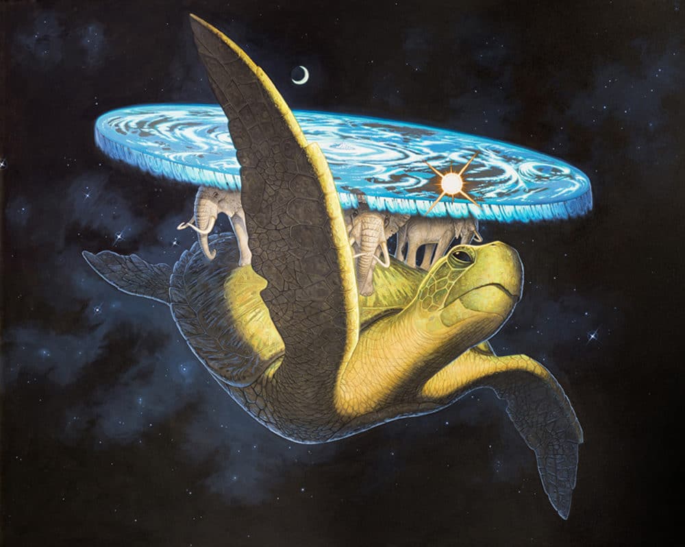 Die Schildkröte Groß A'Tuin. die die Scheibenwelt auf ihrem Rücken trägt und durch das All segelt